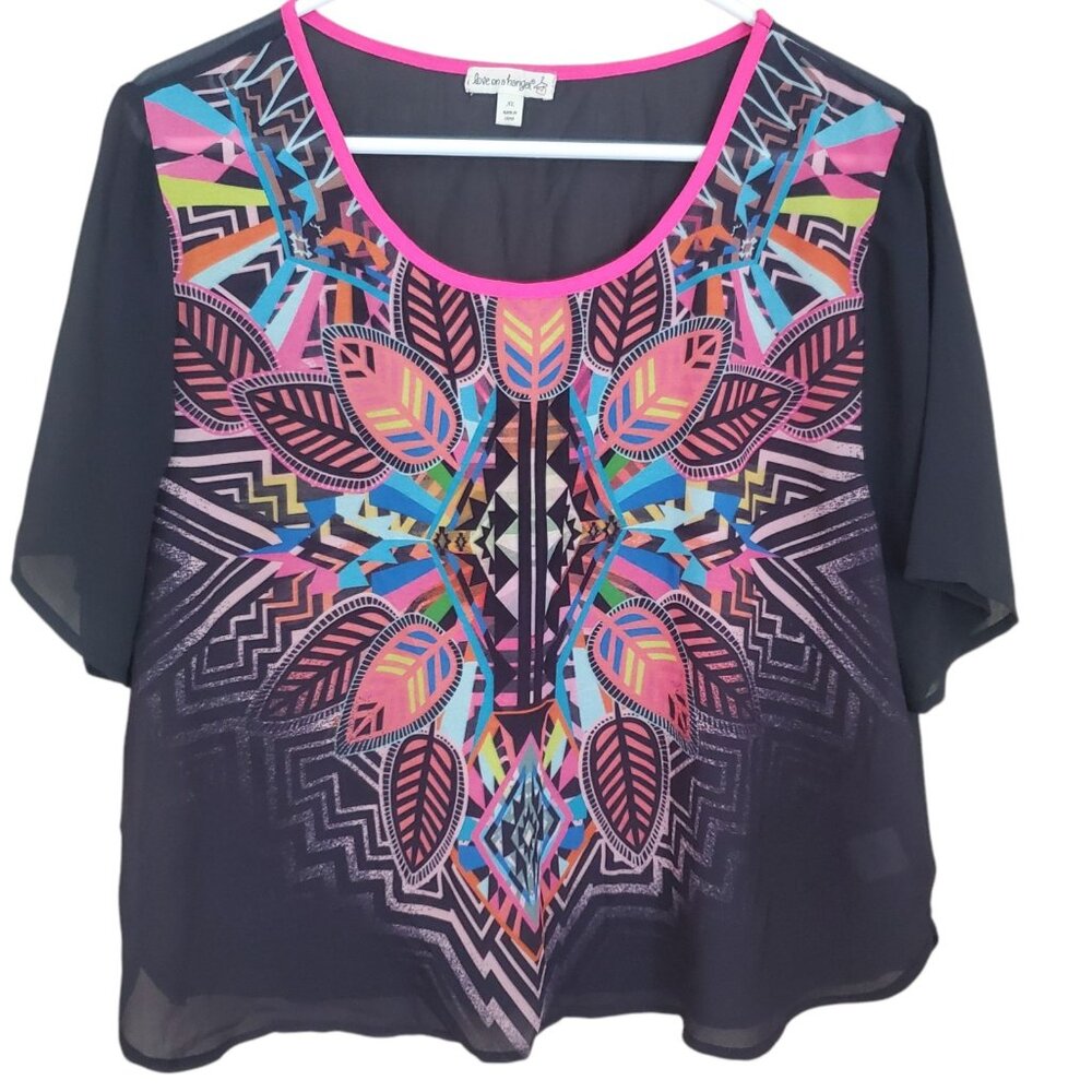 Love On A Hanger Black Sheer Blouse Top Womens XL Tribal Art to Wear Lagenlook